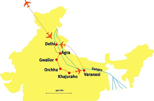 Landkarte von der Reiseroute Indiens goldene Mitte