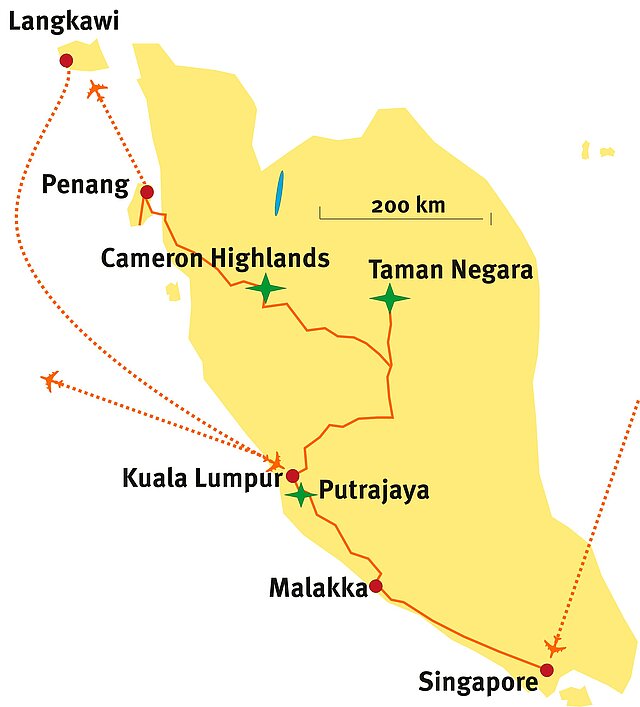 Karte der Reiseroute von Singapur über Malakka, Kuala Lumpur, Taman Negara Nationalpark, Cameron Highlands und Penang bis nach Langkawi